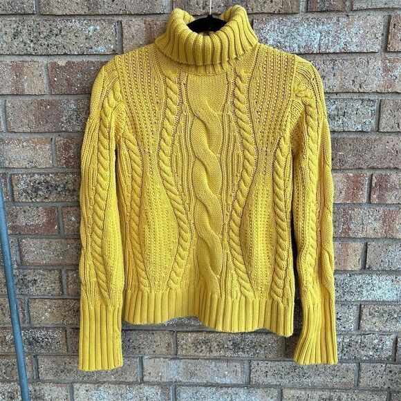 Lands' End Women's XS Yellow Cable Knit Chunky Turtleneck Sweater - Picture 1 of 4